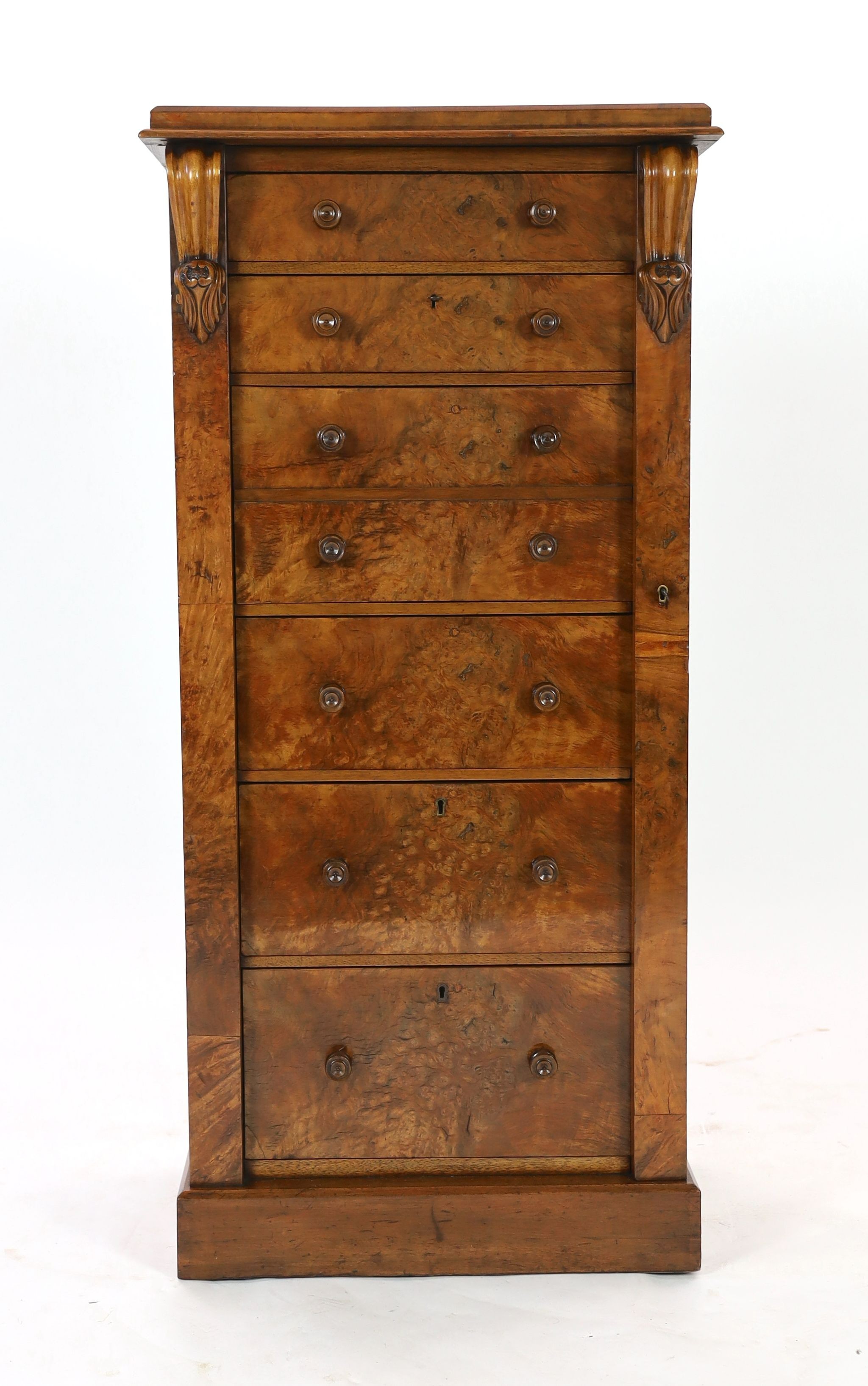 A Victorian figured walnut secretaire Wellington chest, W.59cm D.43cm H.124cm